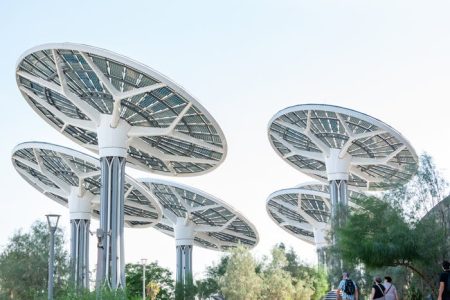 Explore innovative solar tree design at Dubai's Terra Pavilion.